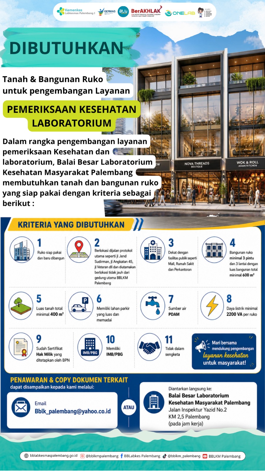 BBLKM Palembang Membuka Kesempatan Penawaran Tanah dan Bangunan Ruko untuk Pengembangan Layanan Pemeriksaan Kesehatan Laboratorium